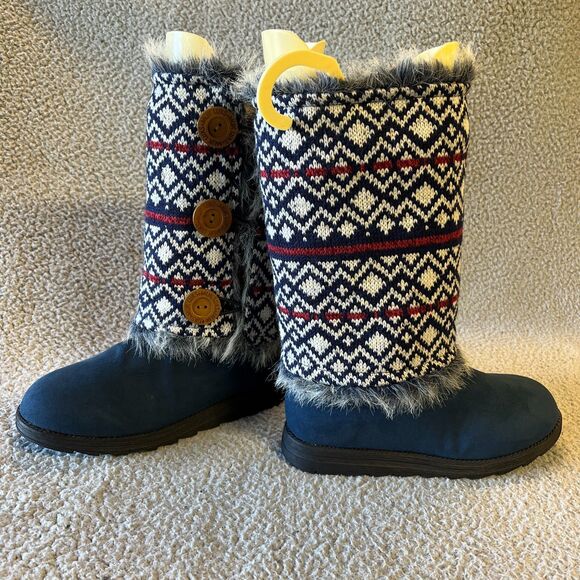 Muk Luks  Mid-Calf Boots Womens 7 Blue Fair Isle Reversible Sleeves To Fur - Picture 1 of 16